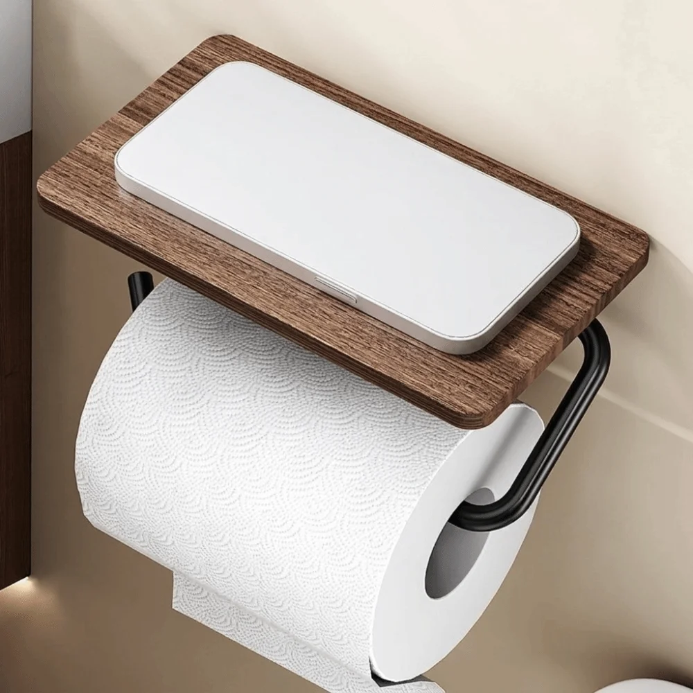 Wall Mounted Storage Organizer Rack Space-Saving Walnut Wood Grain Toilet Paper Holder Multi-functional Durable Tissue Stand