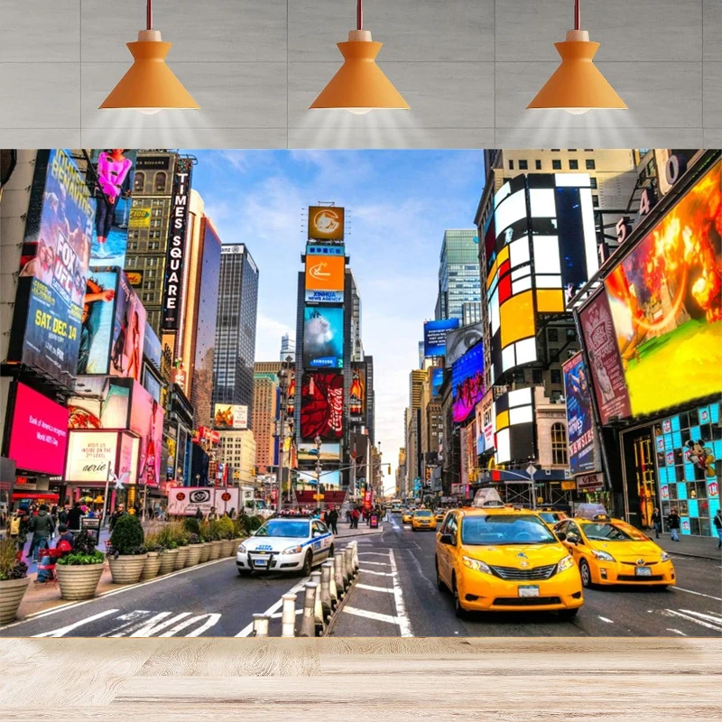 

New York Times Square Background Modern City Skyscrapers Photography Backdrop Clear Sky Advertising Board Yellow Taxi Car Poster