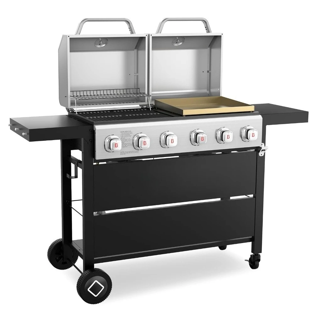6-Burner Propane Gas Grill Griddle Combo, 2-in-1 Outdoor BBQ Grill with Porcelain-Enameled Cast Iron, Customized