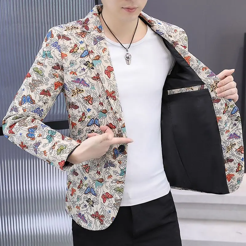 Men's Butterfly Print Floral Blazer, Korean Style Casual Fashion Jacket
