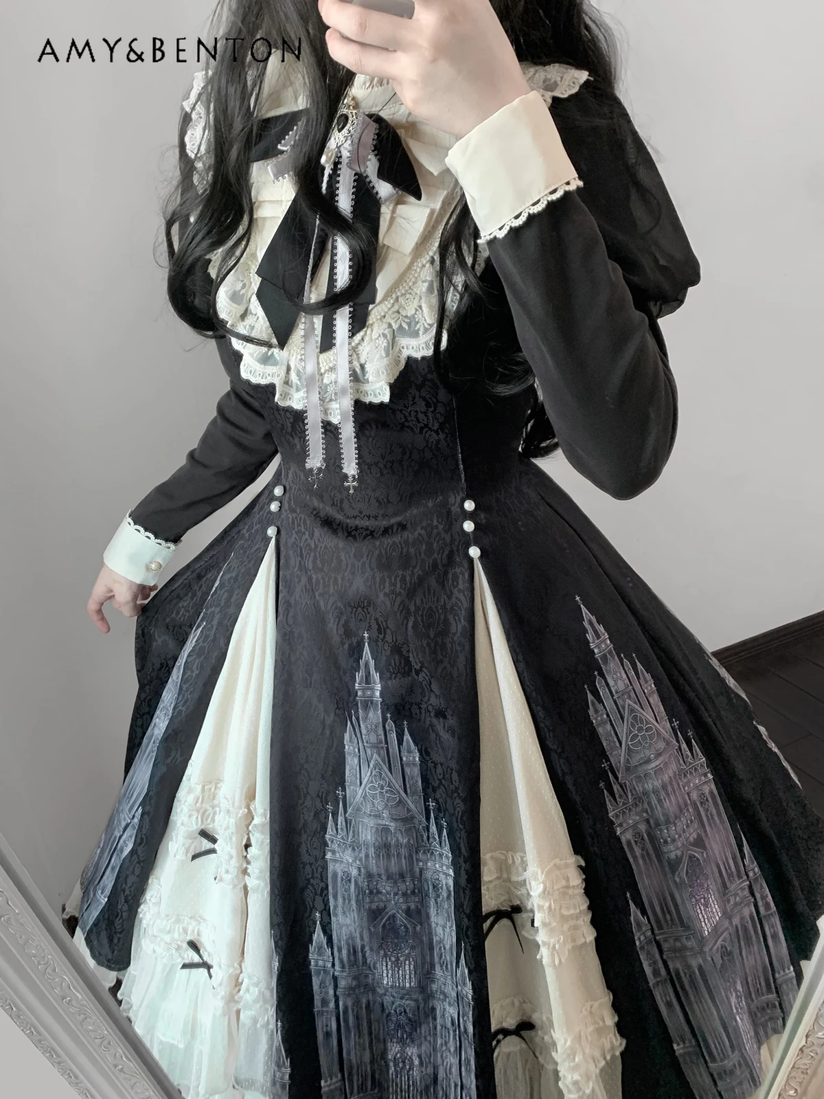 British Style Queen Court Cosplay Lolita Dress Subculture Retro Print Splicing Color Long Sleeve Mid-length Elegant Dress Women