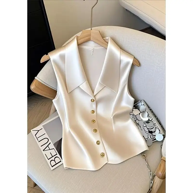 High Quality Satin French Temperament Women Vest Shirts Chic Point Turn-down Collar V-neck Vest Jacket Beige Sleeveless Blouse