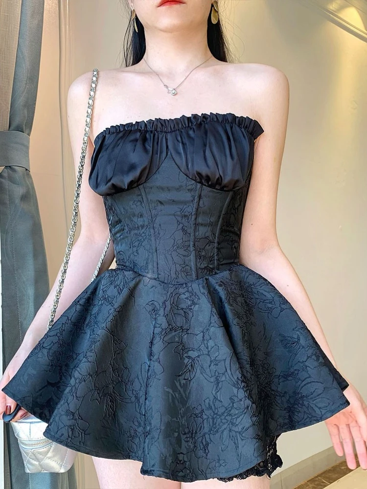 Aoi Women\'s Runway Fashion Spring Summer Sexy Y2k Strapless Backless Lace Jacquard Dress Female High Waist Chic Party clothing