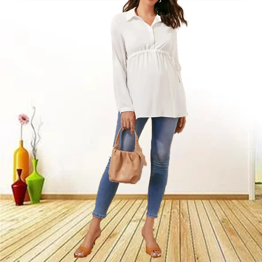 Roupas de maternidade cor pura solta respirável conforto camisa elegante simples elegante topo para mulheres grávidas blusa