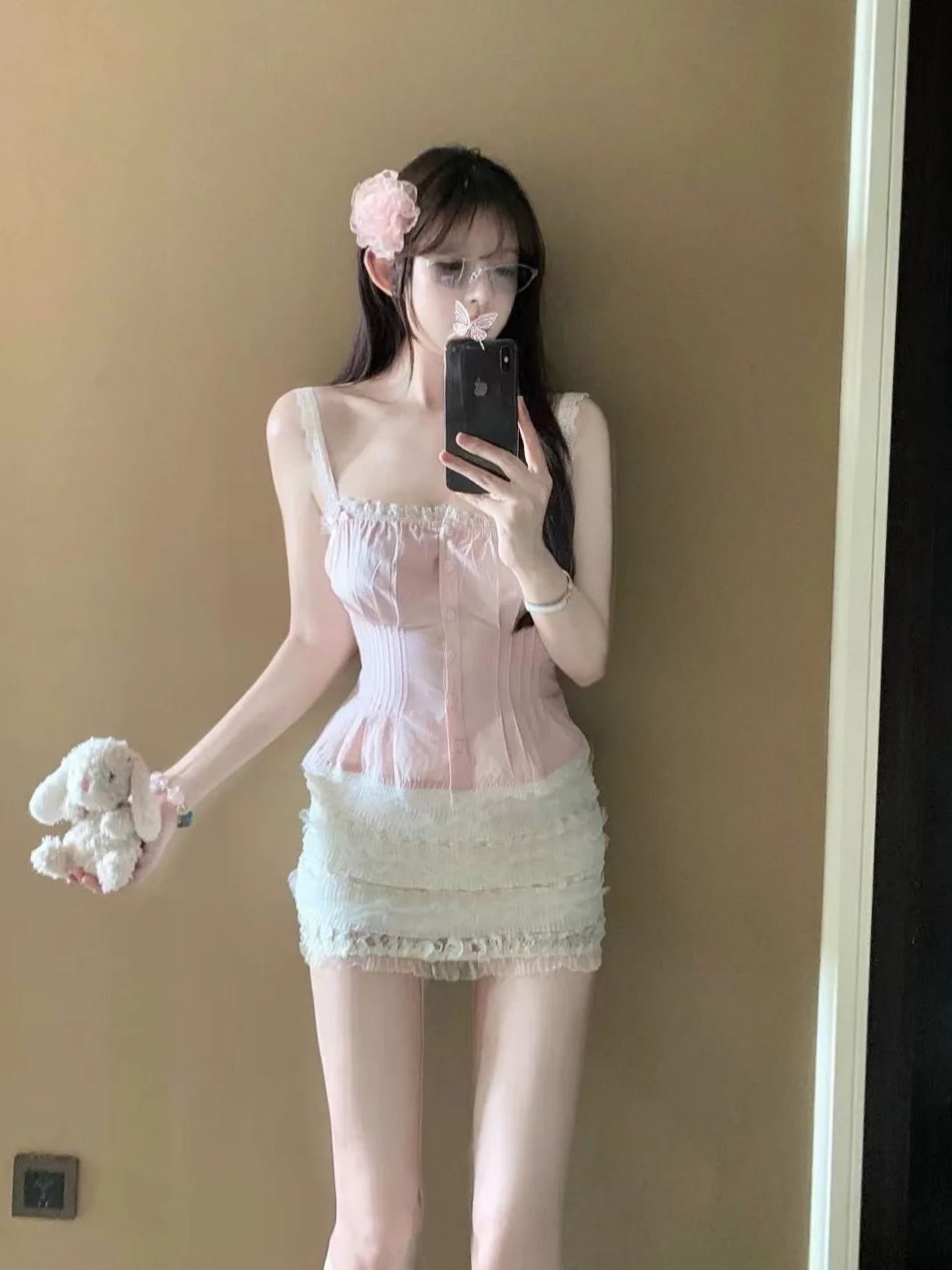 

Корейский шифоновый топ с кружевной отделкой, женский летний нежный облегающий топ + кружевная облегающая юбка с низкой талией