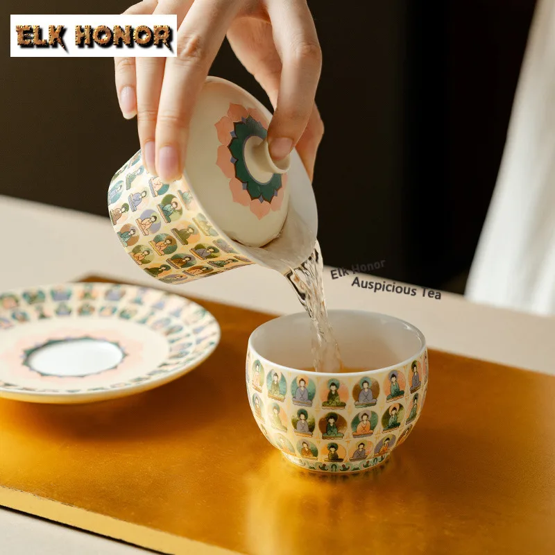 150ml Dunhuang Thousand Buddha Incense Gaiwan Handmade Tea Tureen Tea Bowl with Lid Kit Tea Brewing Cover Bowl Drinkware Craft