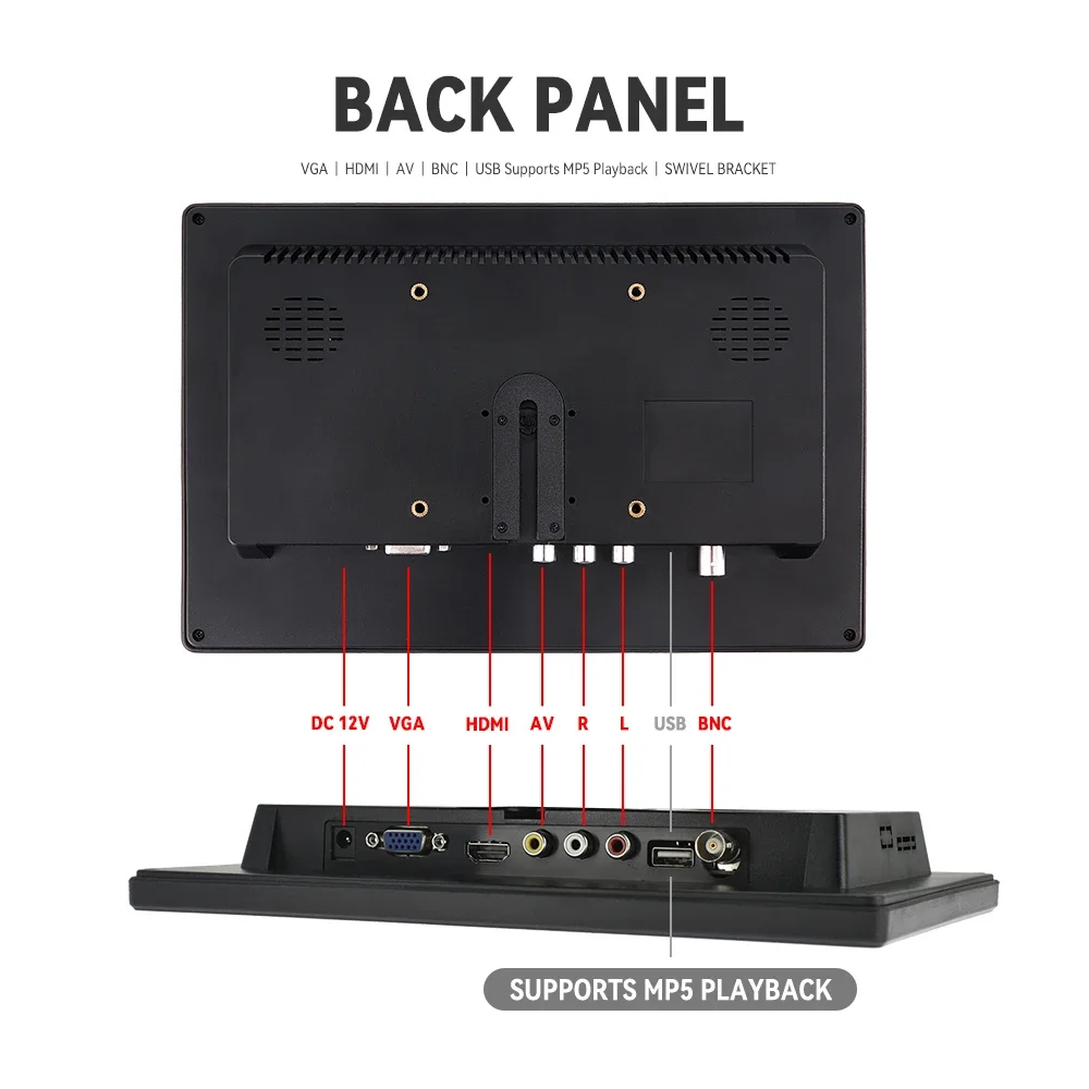 MJDOUD-Monitor de coche de 10,1 pulgadas con USB para reproducción de MP5, pantalla de visualización para TV, PC, HDMI, VGA, AV, submonitor para