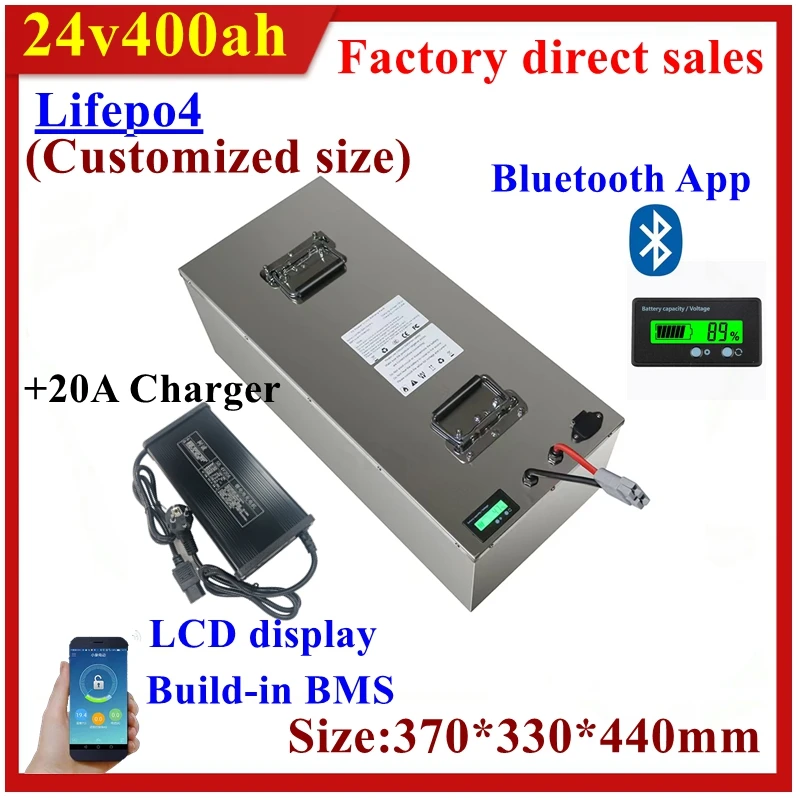 

24V 400AH lifepo4 lithium Battery bluetooth APP 8S BMS for 2400W motorhomes Solar energy storage inverter + 20A Charger