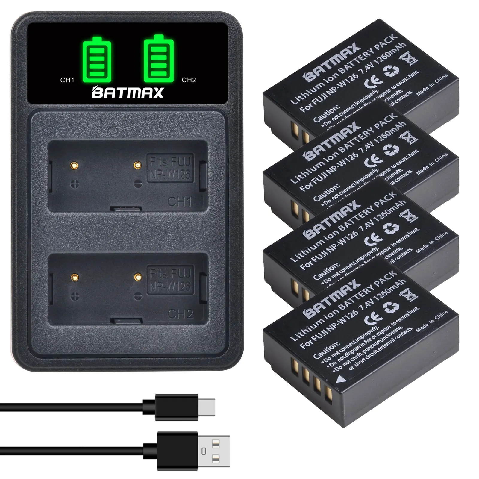 

Batmax NP-W126 W126 Battery+LED Dual USB Charger&Type C Port for Fujifilm HS30EXR HS33EXR X-Pro1 X-E1 X-E2 X-M1 X-A1 X-A2 X-T20