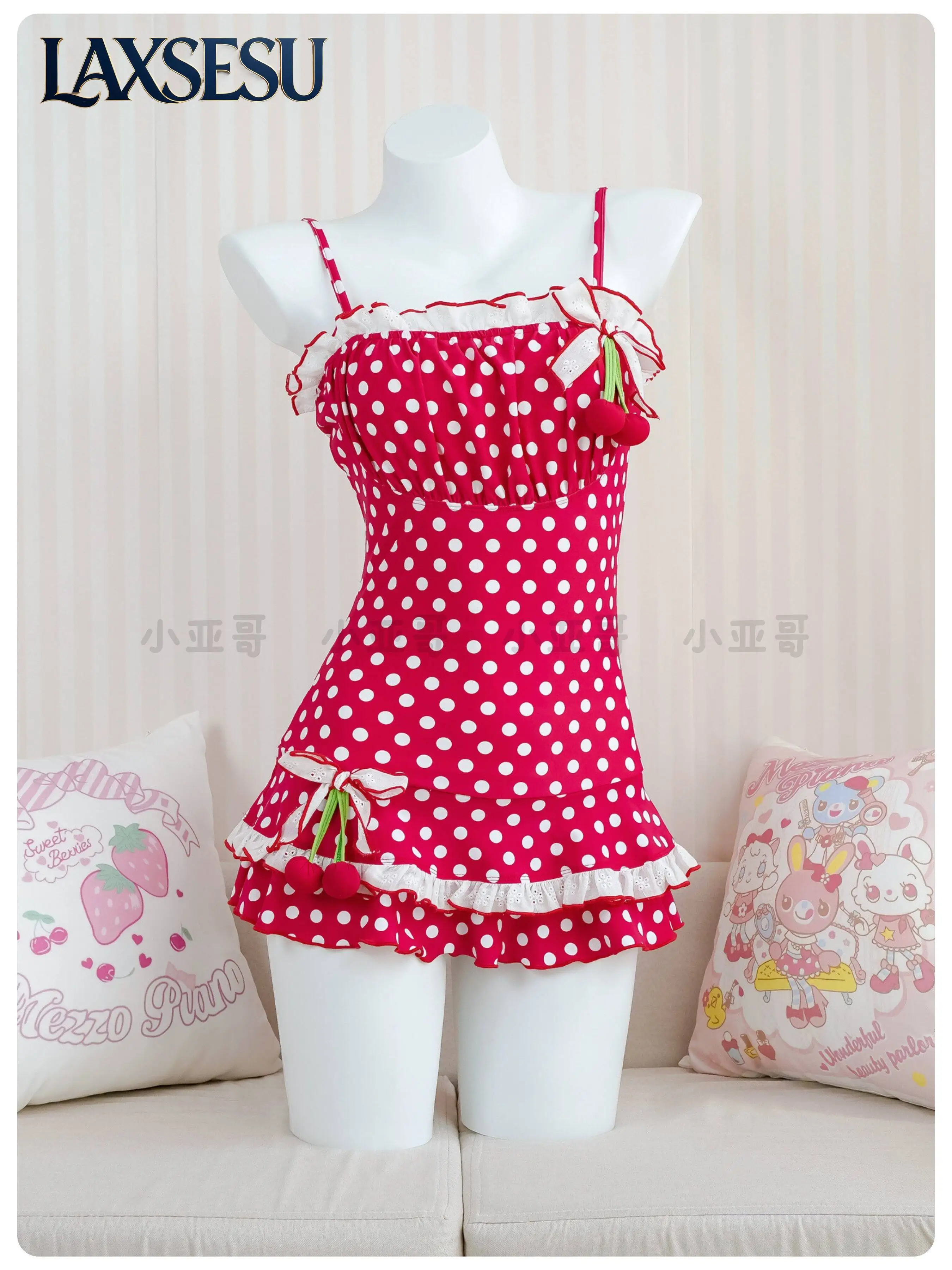 Japanese Kawaii One-Piece Suits Cherry Polka Dot Sweet and Cute Girl One-piece Swimsuit Summer New Women's Backless Swimsuit