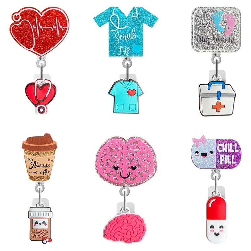 Leuke Verpleegster Badge Reel, 6 Stuks Grappige Verpleging Id Kaart Glitter Badge Houder Intrekbare Clip Verpleegkundige Naamplaathouder