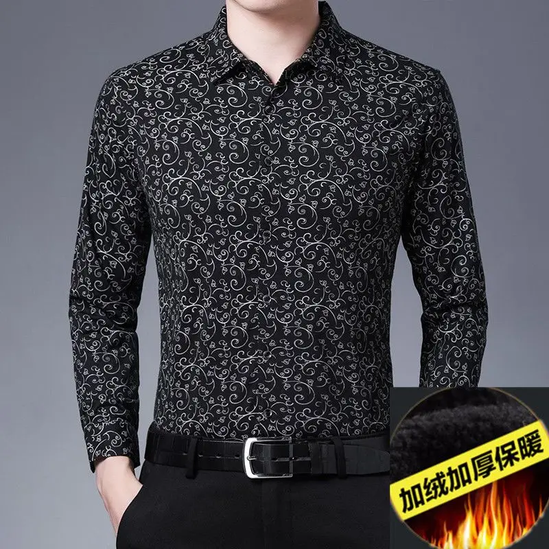 2023 New Men\'s Clothing Shirt Autumn Winter Thick Polo-Neck Long Sleeve Loose Oversized Fashion Casual Business Printed Tops