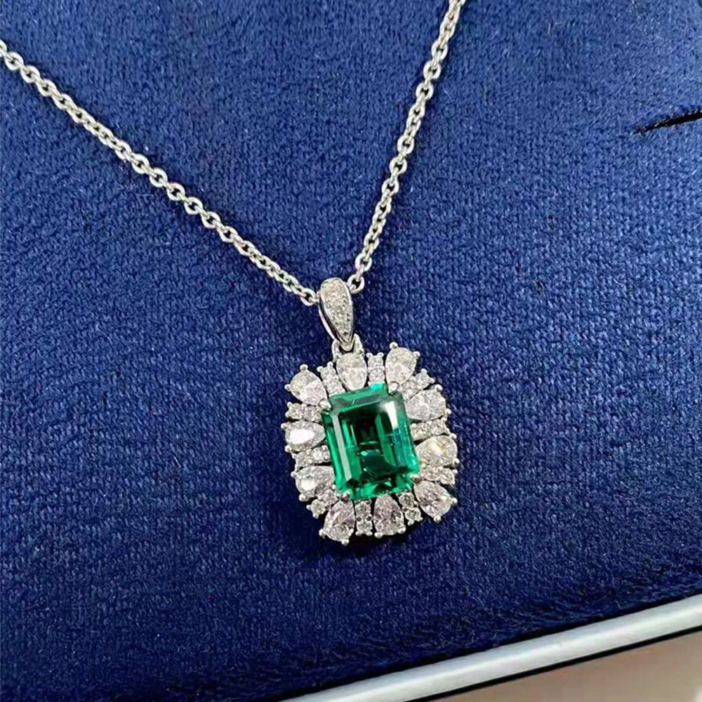 WUIHA Vintage 925 Sterling Silver 2.2 CT Emerald High Carbon Diamond Gemstone Pendant Necklaces Fine Jewelry Anniversary Gifts