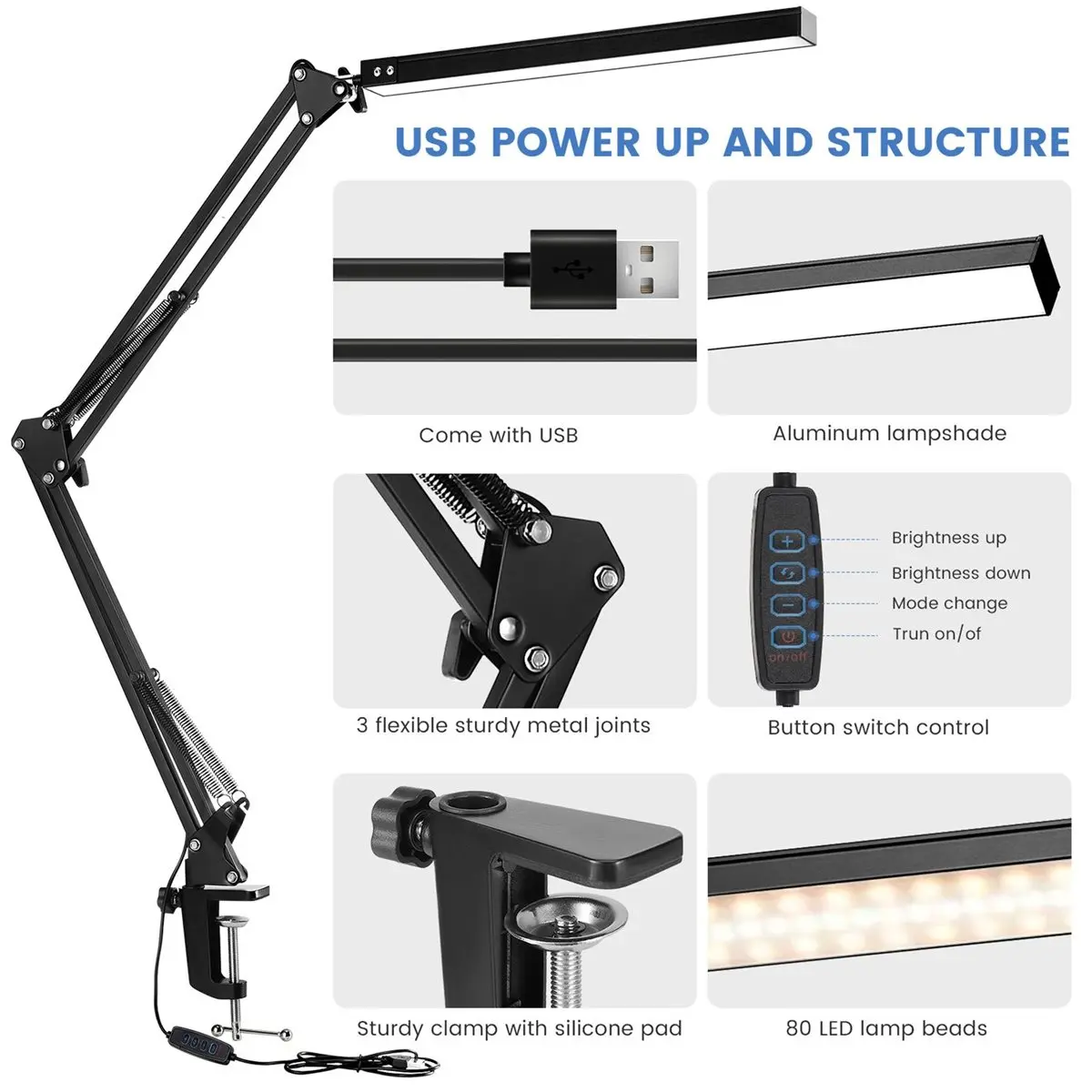 AA19 DeskLamp Adjustable Foldable Double Swing Arm Light Eye-Caring for Dormitory Study Architect Task Lamp Dimmable A