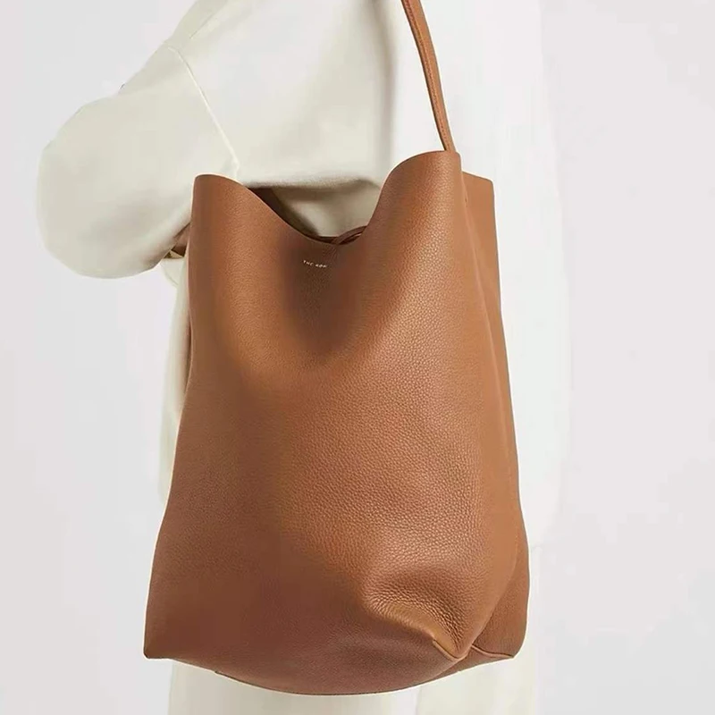 VIELINE Genuine Leather Women\'s Bucket Bag Large Capacity Tote Bag Underarm Bag One-shoulder Handbag Simple Design Ladies Purse