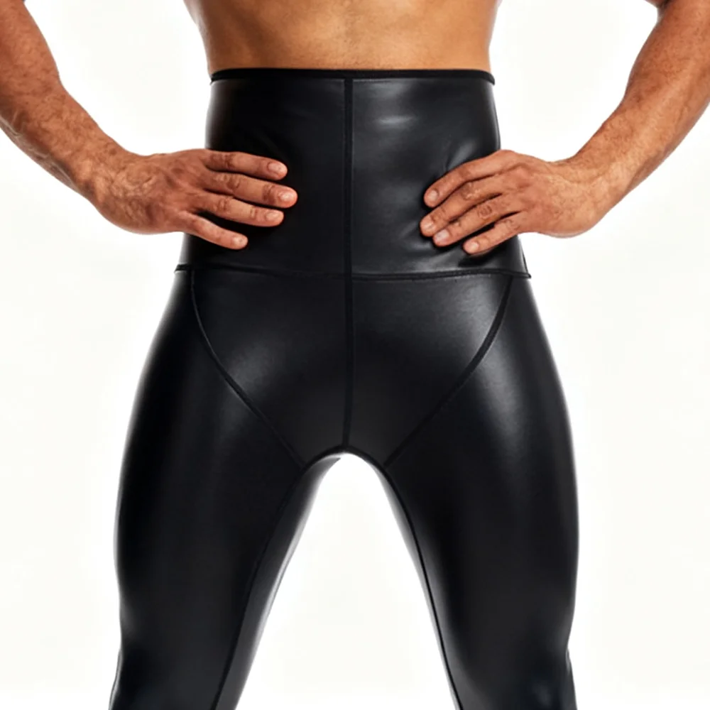 Pantalones largos sexis de cuero PU para hombre, pantalones de Yoga elásticos de cintura alta negros, mallas deportivas para hacer ejercicio, pantalones de compresión Push Up para Fitness