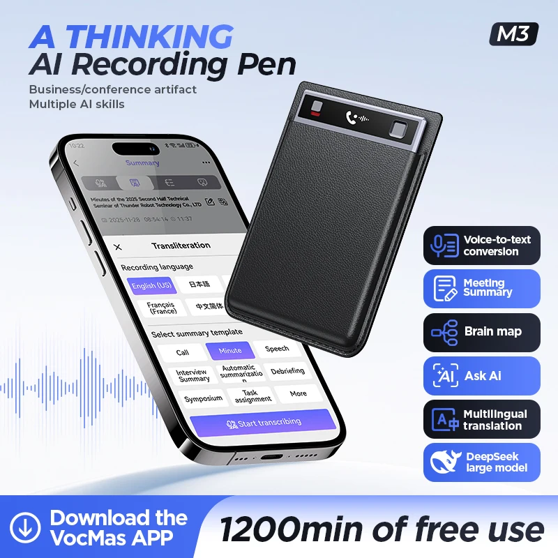 M3 AI Voice Recorder Transcribe & Summarize AI Noise Cancellation Supports 152 Languages 64GB Memory APP Control Audio Recorder