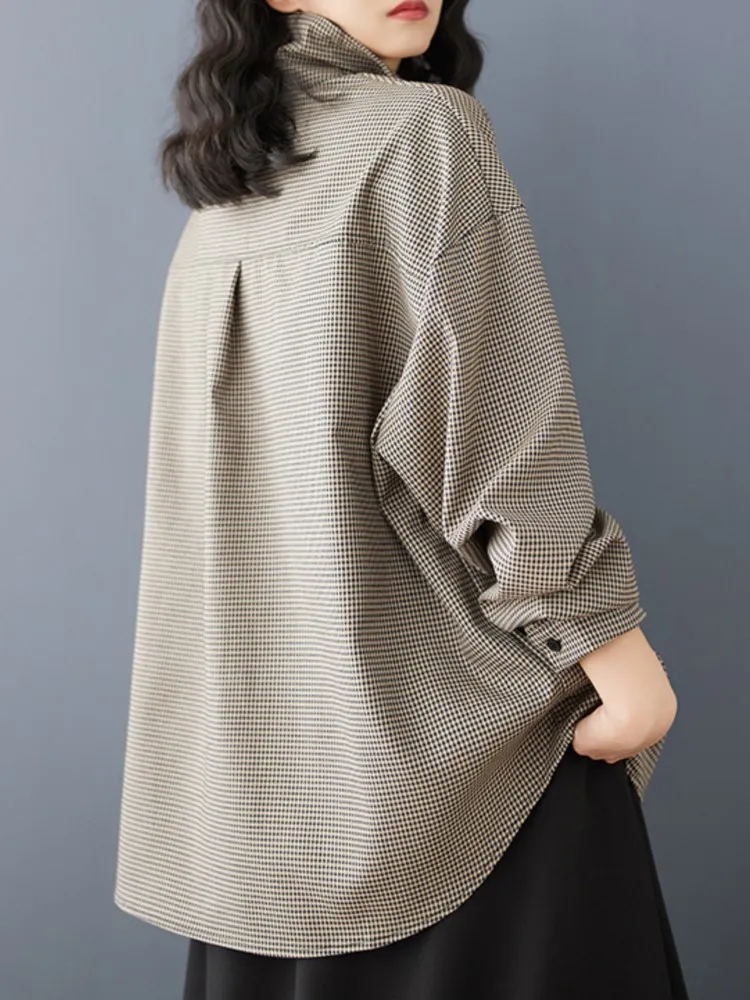Camisa xadrez de primavera de grandes dimensões topos feminino irregular modis solto senhoras blusas casuais manga longa mulher camisas topos