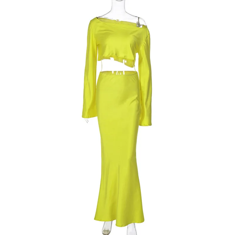 Women Two Piece Outfit Off Shoulder Long Sleeve Crop Top High Waist Slim Mermaid Maxi Skirt Party Evening Club Matching Set