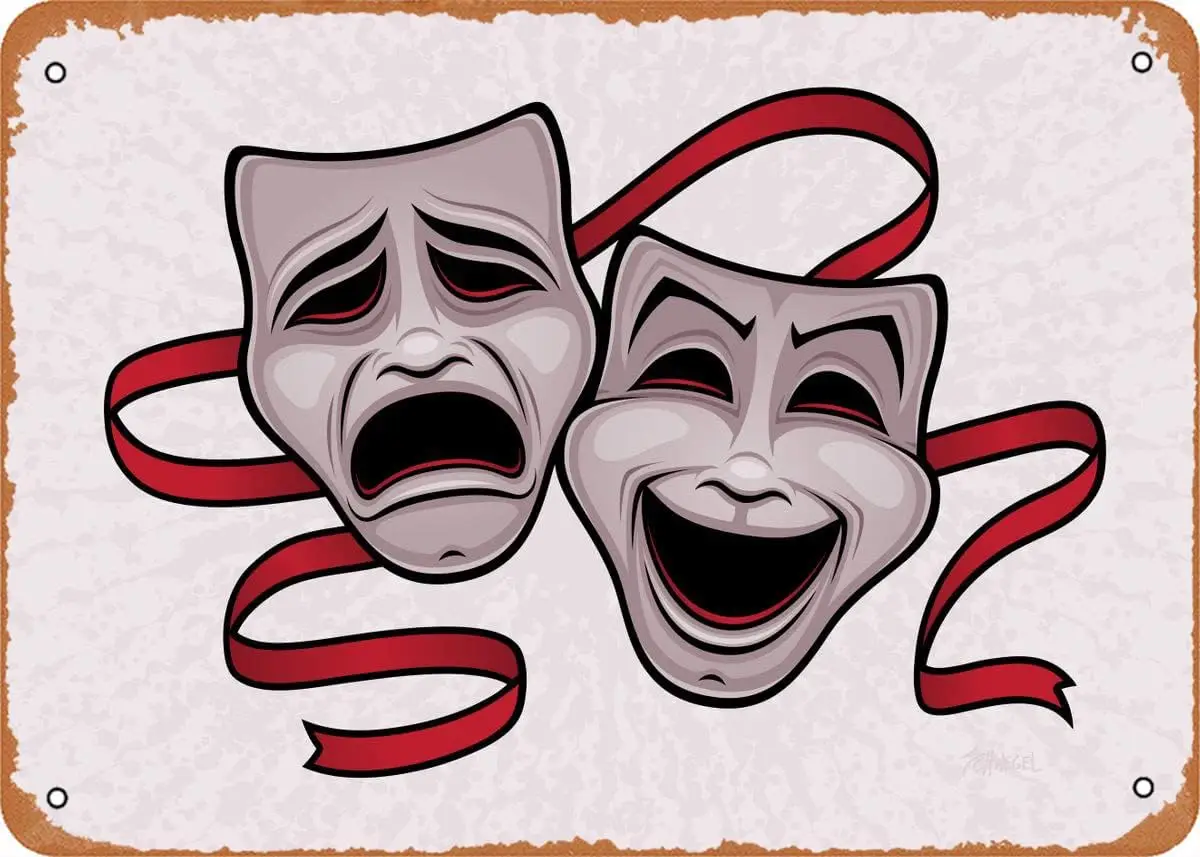 Muecddoa Movie Poster Retro Metal Sign Comedy And Tragedy Theater Masks Fantasy Wall Art Decor Metal Sign - 8 x 12inch sign