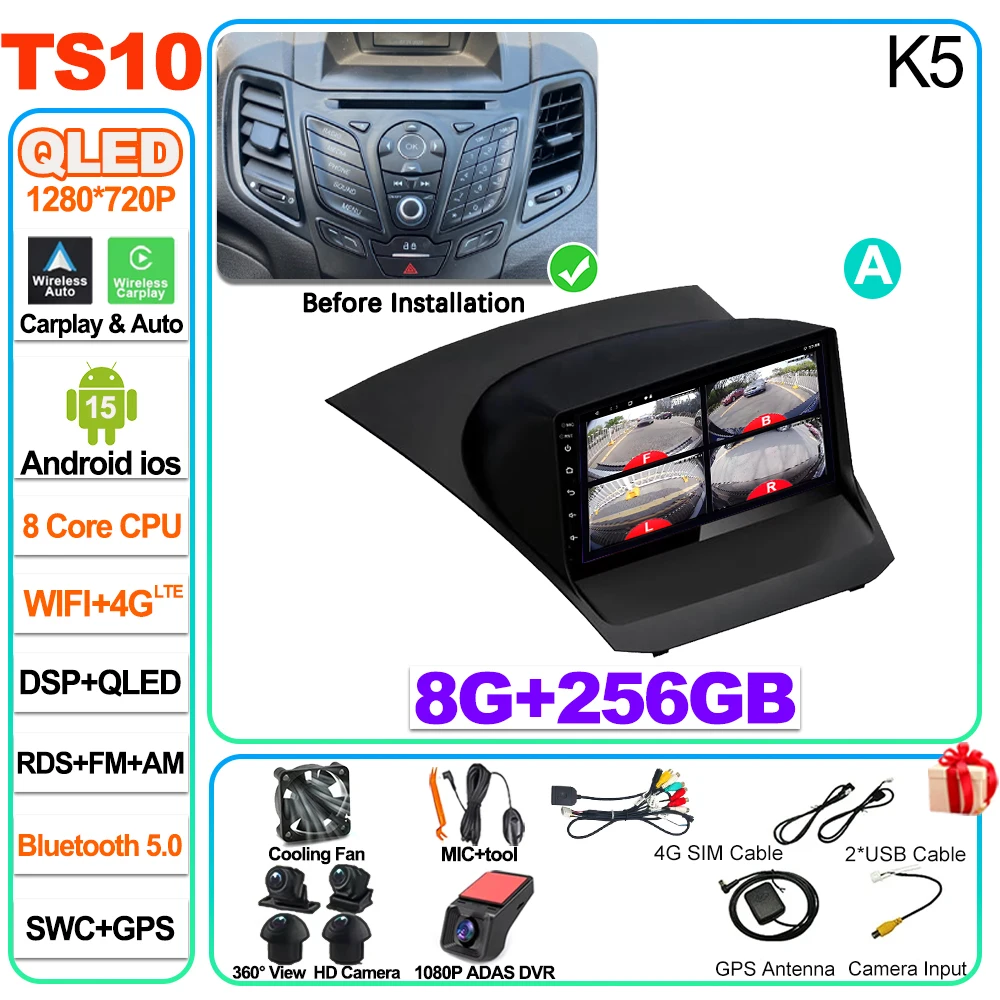 Auto radio Carplay Android 16 voor Ford Fiesta Mk 6 2009 2010 2011 2012 2013 2014 -2018 Radio Multimedia Videospeler Scherm GPS