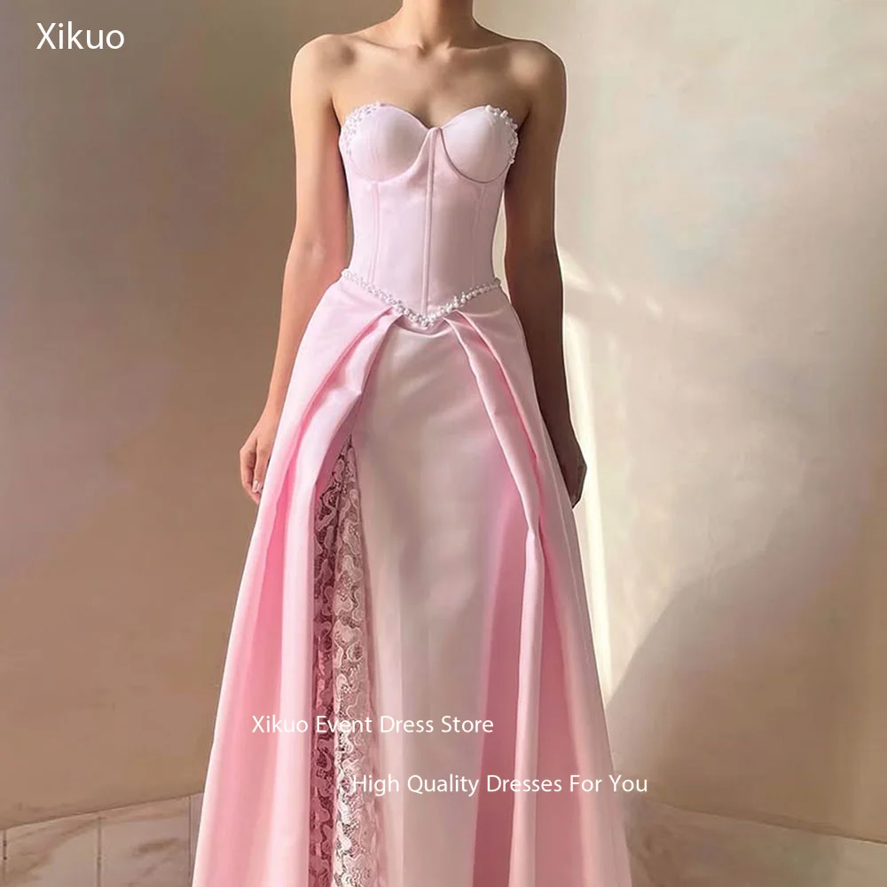 Xikuo Pink Modern Appliques Evening Dresses Pearls A Line Robe De Soirée Femme Pleated Sweetheart Robe De Soirée Customized