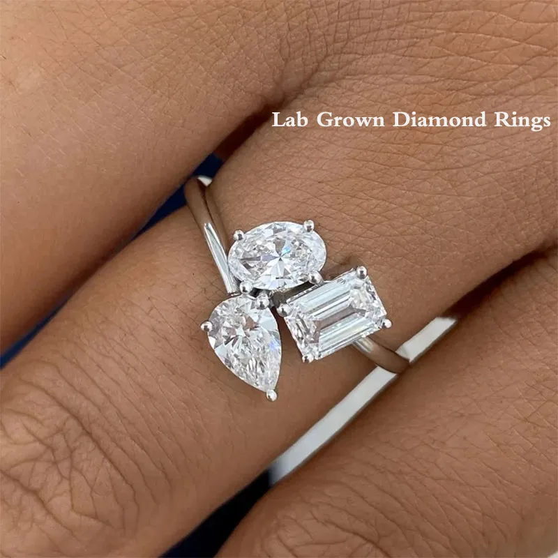 

1.25ct DEF/VS VVS Emerald & Pear & Oval Cut Diamond HPHT Lab Grown Diamond 3-stone Cluster Ring 14K Gold/925 White Silver