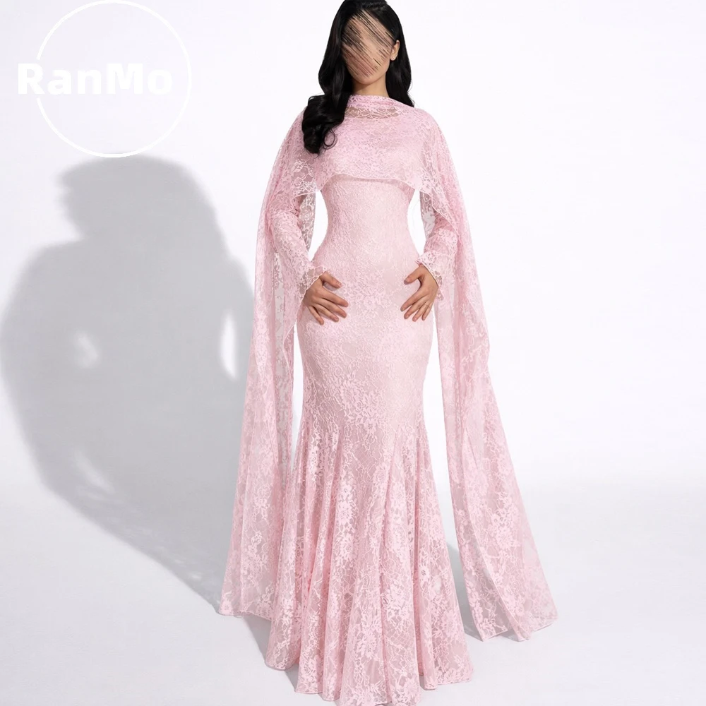 

Элегантное розовое кружевное вечернее платье-русалка Ranmo с длинным плащом, драпированное, в пол, для свадьбы, вечеринки, выпускного вечера, на заказ