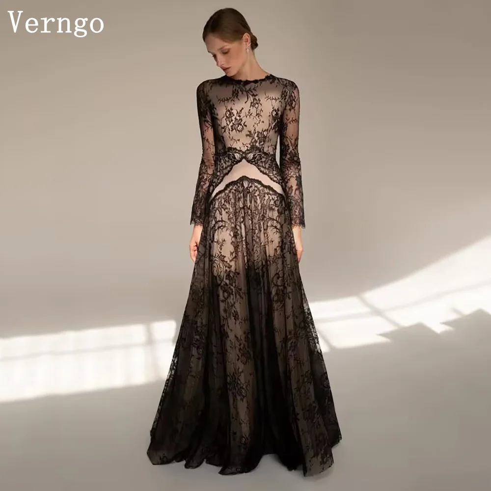 

Verngo Black Lace Evening Dress O Neck Full Sleeves A Line Formal Occasion Dress Maxi Modest Prom Party Gowns Customized