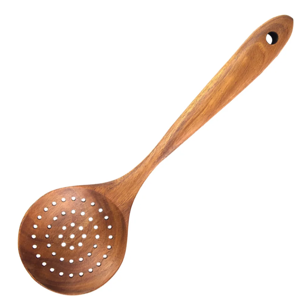 

Teak Wood Slotted Spoon Smooth For Non-Stick Pan Kitchen Soup Ladle Long Handle Lightweight Eco-Friendly Cooking