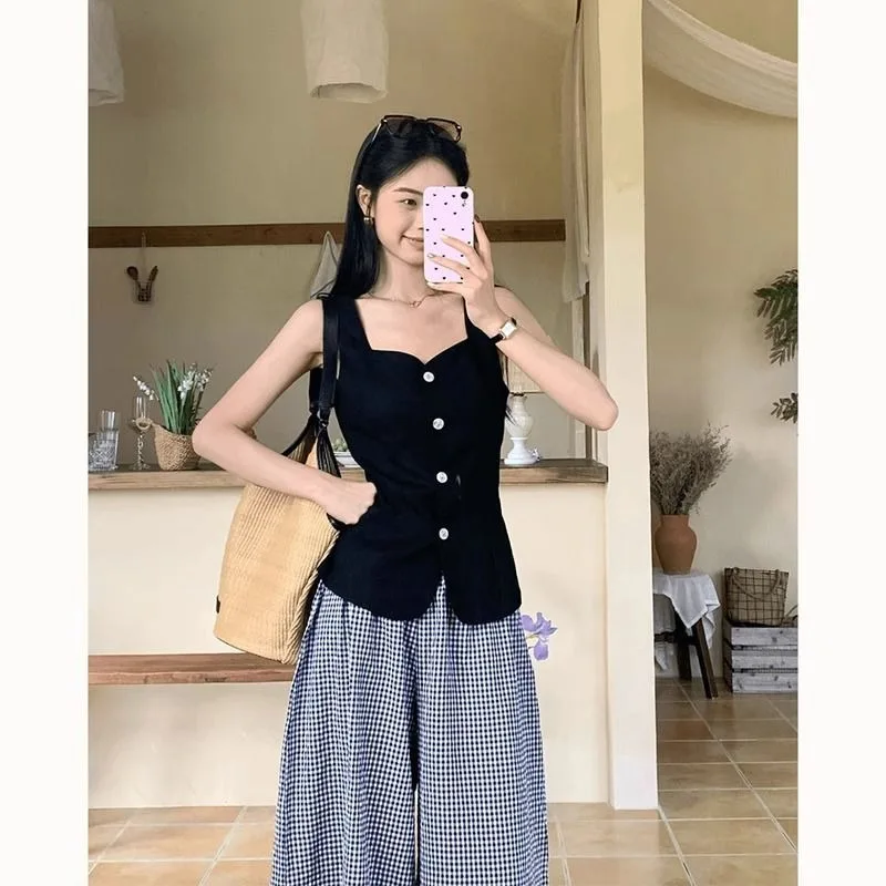 

Женская одежда, летняя мода, корейская пуговица, сплошной цвет, квадратный воротник, женский тренд, модные тонкие майки, универсальная майка