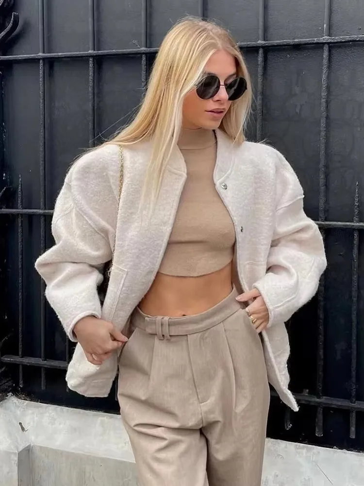 

HH Women Fashion Oversized Solid Color Bomber Jacket Casual Pockets Long Sleeve Button Down Coat Female Chic Outerwear