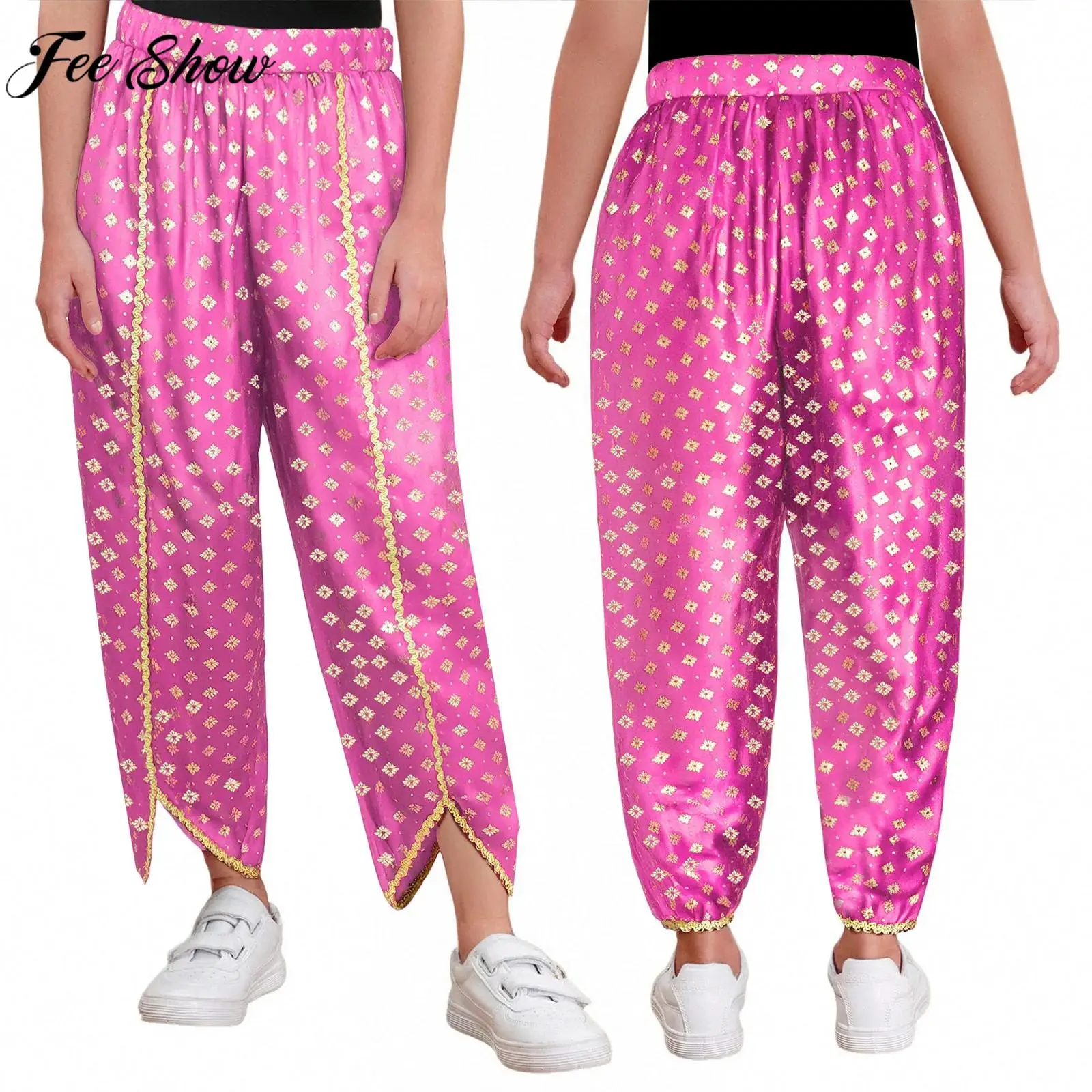 

Children Girls Indian Ethnic Pants Gold Trim Metallic Floral Print Satin Dhoti Trouser Halloween Theme Party Cosplay Costume