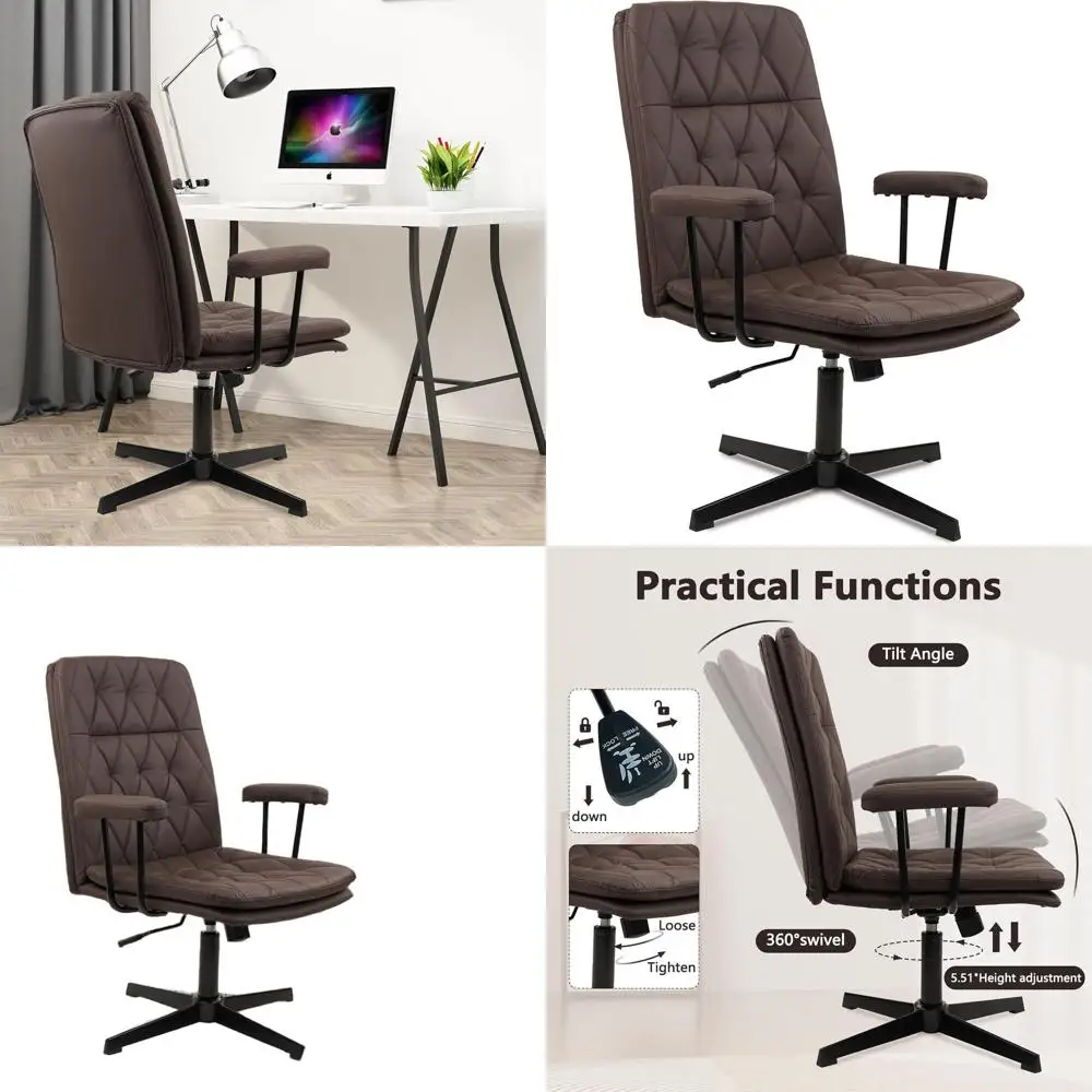 

Вращающееся офисное кресло со средней спинкой и подлокотниками, кожаное, с вышивкой крестиком, цвет шоколадно-коричневый, для домашнего офиса