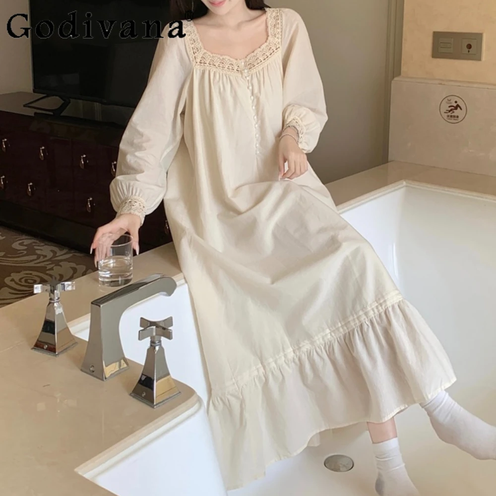 Vintage Cotton Sleepwear Lace Court Style Pajamas Cute Long Sleeve Pijama Set Negligee Pullover Femme Homewear