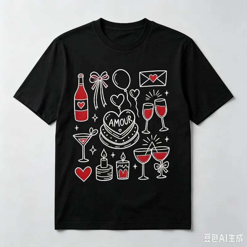 AMOUR Valentine Love Men’s Heart Party Graphic T-Shirt Soft Modal Casual Tee for Valentine Date Streetwear Gift