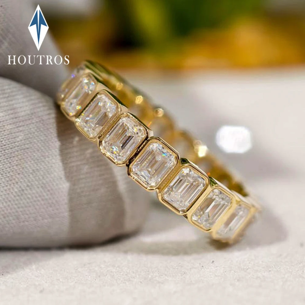 3x4mm Emerald Cut Moissanite Full Eternity Band Bezel Setting Matching Stackable Promise  Engagement Rings S925 Silver Jewelry
