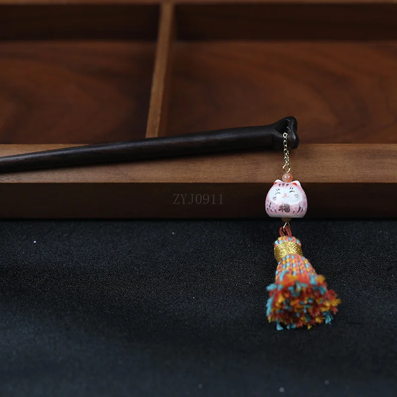 Двойная заколка для волос U-образной формы из черного дерева. Керамическая маленькая заколка для ушей. Милая двухниточная заколка для волос с мультяшным рисунком.