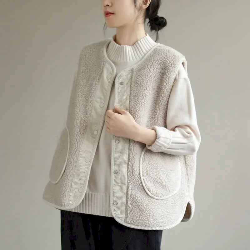

Pop Fleece Waistcoats For Women Vests Corduroy Patchwork Casual Sleeveless Cardigans Oversized Lambhair Jackets Loose Women Tops