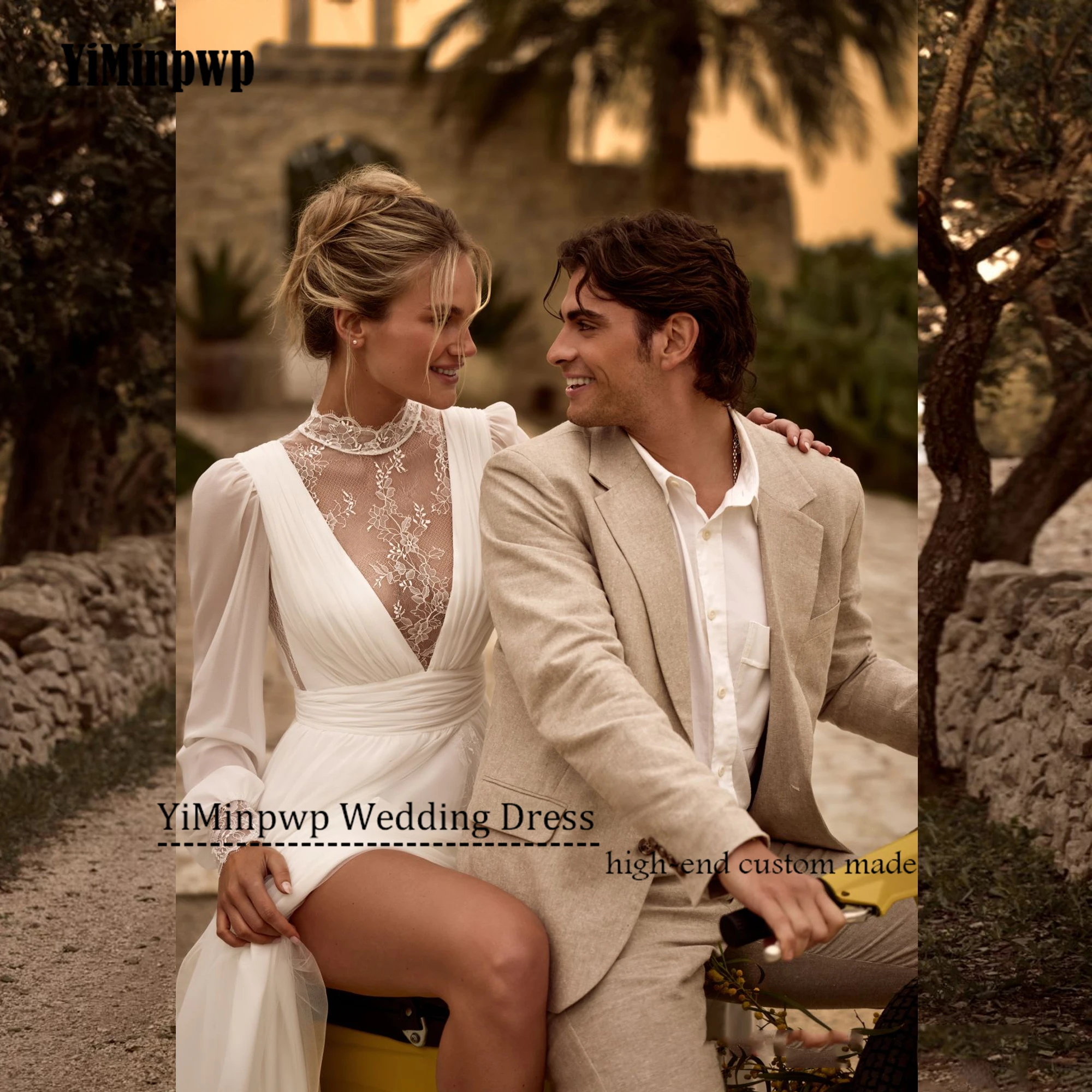 Customized Chiffon Boho A-Line Wedding Dress 2025 Bride Puff Sleeve Pleat Lace Bride Gowns Beach vestidos de novia Side Split