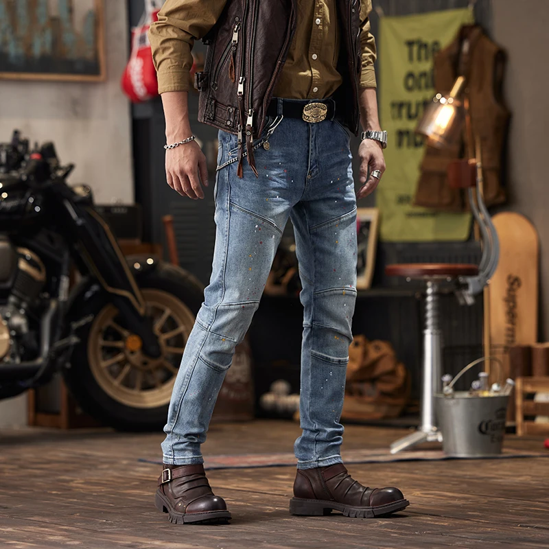 Stitching Motorcycle Jeans Men's Slim Fit Skinny High-Grade Washed Blue Retro Distressed J Tight Motorcycle Trousers