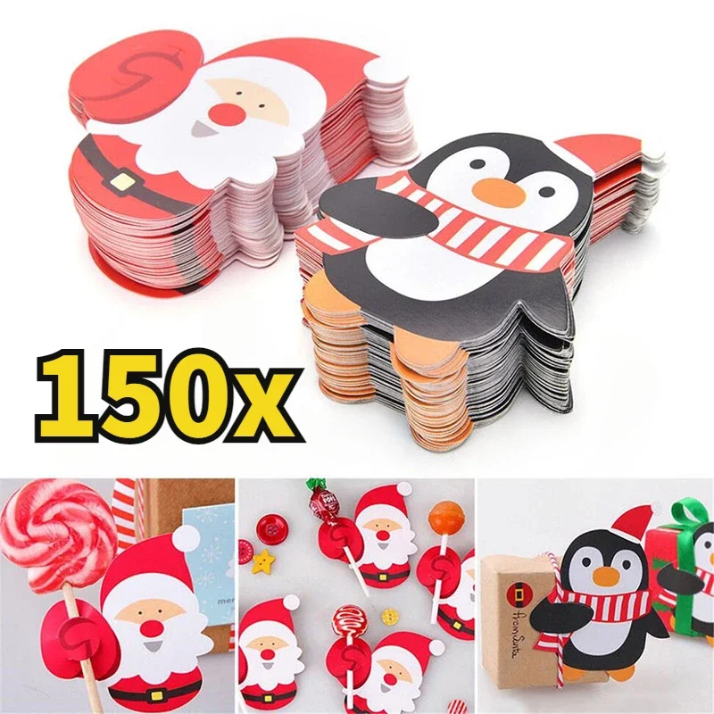 

150/25 Christmas Lollipop Paper Cards Snowman Santa Claus Penguin Pattern Candy Gifts Package Wrapping New Year Party Decor