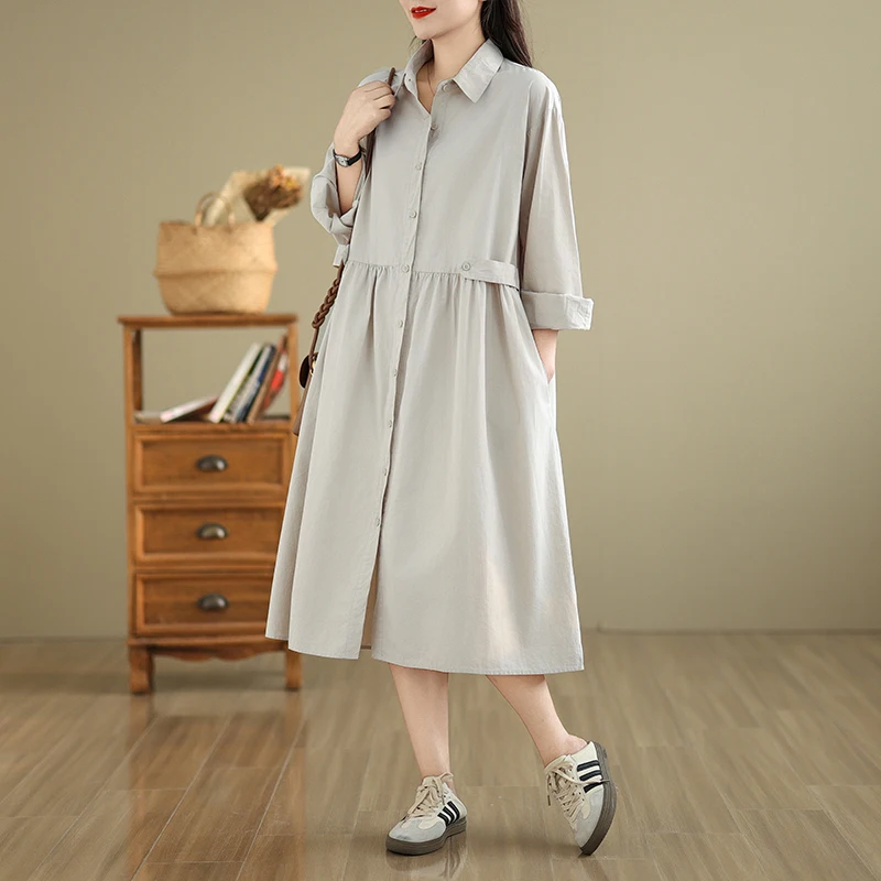 2025 Primavera Verano Color sólido cuello vuelto vestido acampanado de mujer vestidos camiseros casuales de manga larga ropa elegante de moda