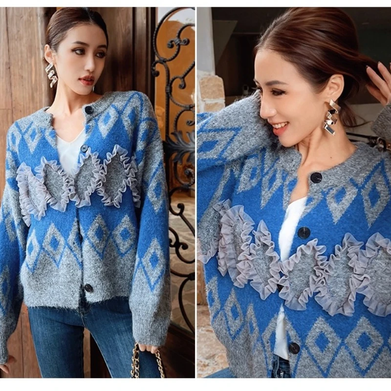 Elegancki francuski kardigan damski z dzianiny z niebieskimi kwiatami 3D, luźny, uniwersalny, swobodny sweter z długim rękawem, kurtka damska.