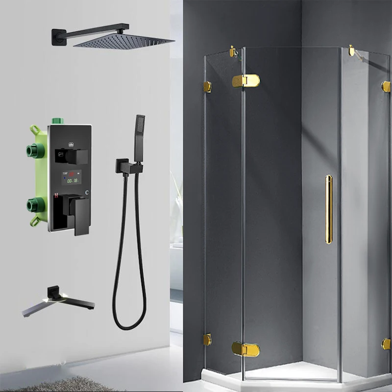 WALL Black Constant Temperature Rainfall Shower Hand held Sprinkler Inlet Water Holder Filling the Bathtub spout Bathroom Faucet