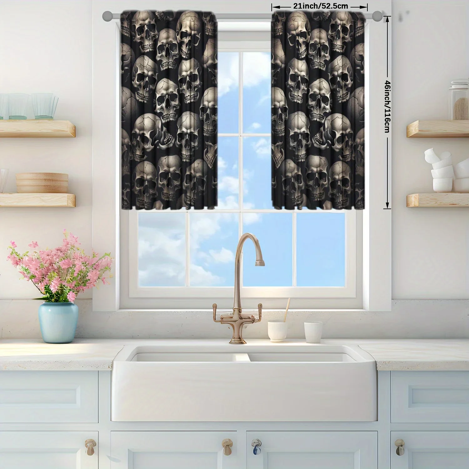 2pcs Skull Printed Curtain for Home Decor - Rod Pocket Window Treatment for Bedroom, Office, Kitchen, Living Room, and Study