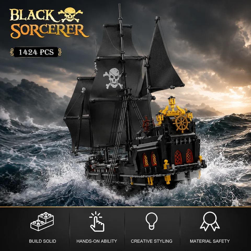 1424PCS Black Pirate Ship Building Blocks Skeleton Ghost Boat