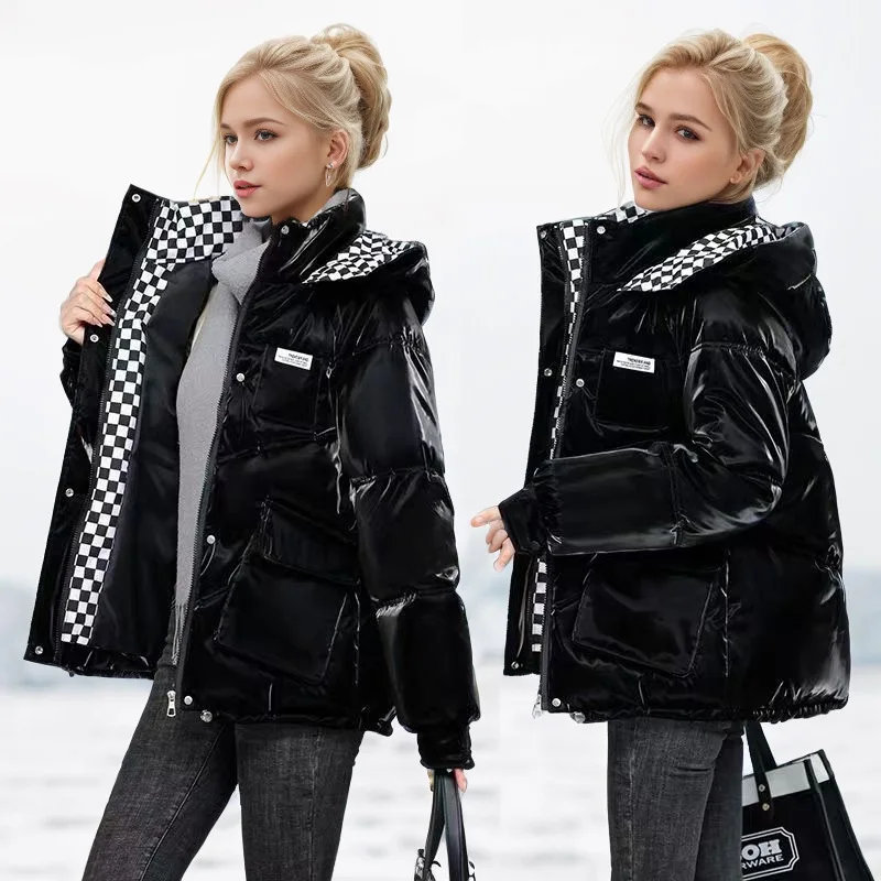 

Winter Women's Bright Non Washable Cotton Jacket Female Contrast Plaid Hooded Parkas Coats Ladys High Collar Warm Outwears