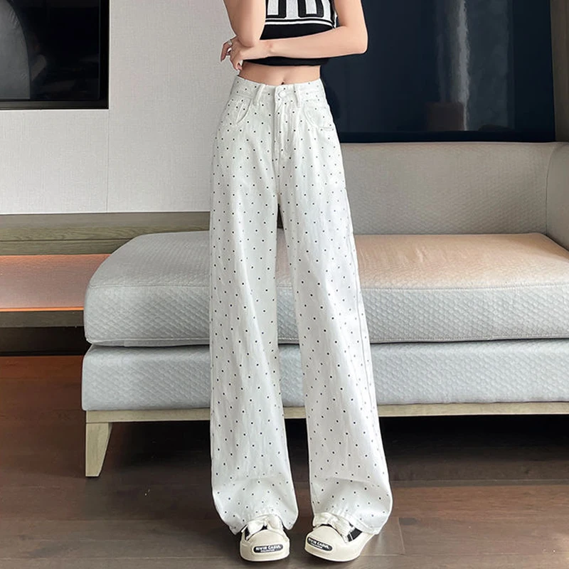 Women Trendy Polka Dot Print Streetwear Denim Wide Leg Pants Y2K Summer Female White High Waist Chic Straight Jeans Pantalones