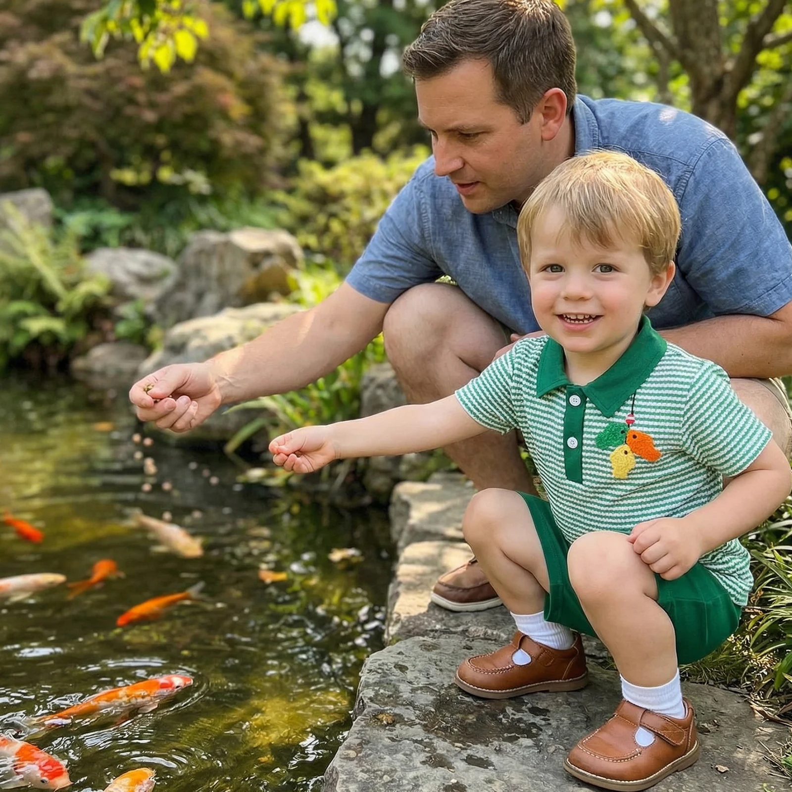 Toddler Boys Summer Outfits Fish Embroidery Stripe Buttons Short Sleeve T-Shirts Elastic Waist Shorts 2Pcs Clothes Set